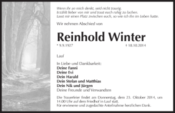 Traueranzeige von Reinhold Winter von Pegnitz-Zeitung